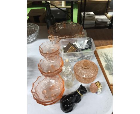 A MIXED LOT TO INCLUDE A QUANTITY OF COSTUME JEWELLERY EARRINGS, A VINTAGE AVON GLASS CAT SCENT BOTTLE, LIMOGE SCENT ATOMISER