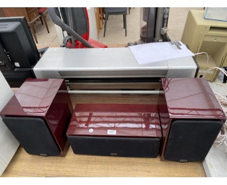 A PAIR OF MAHOGANY QUAD 77-11L SPEAKERS AND A QUAD CENTRE SPEAKER 