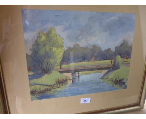 K KERNLACHNER, RIVER AND BRIDGE SCENE, PASTEL, SIGNED ON MOUNT, 28X36CM, FRAMED AND GLAZED 