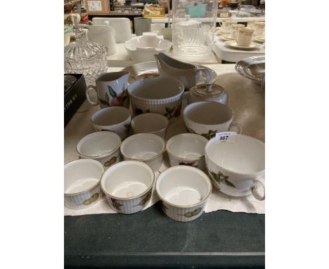 A QUANTITY OF ROYAL WORCESTER 'EVESHAM' TABLE WARE TO INCLUDE A SERVING PLATE, RAMEKINS, CUPS, A JUG, SOUFFLE DISH, ETC 