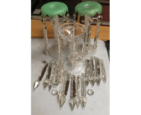 A PAIR OF VINTAGE BOHEMIAN LUSTRES WITH CRYSTAL DROPLETS AND A FURTHER GLASS LUSTRE 