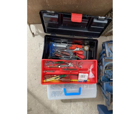 TWO PLASTIC TOOL BOXES CONTAINING AN ASSORTMENT OF TOOLS AND HARDWARE 