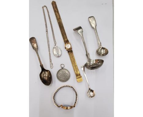 A SILVER LOCKET AND CHAIN, TWO VINTAGE LADIES WRISTWATCHES, FLATWARE, A KING GEORGE VI CORONATION COIN, FLATWARE, ETC 