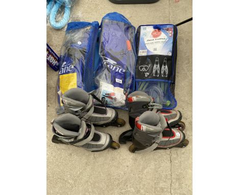 THREE SNORKELLING SETS AND TWO PAIRS OF ROLLER BLADES 