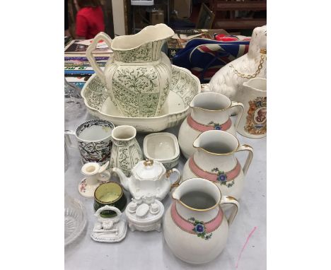 A VICTORIAN WATER JUG AND BASIN SET, GRADUATED SET OF THREE WATER JUGS ETC 