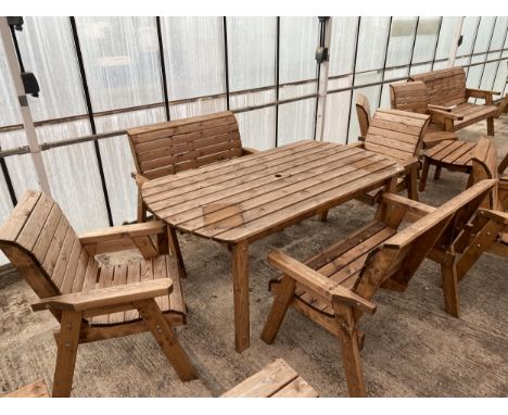 AN AS NEW EX DISPLAY CHARLES TAYLOR PATIO FURNITURE SET COMPRISING OF AN OVAL TABLE, TWO TWO SEATER BENCHES AND TWO CHAIRS *P