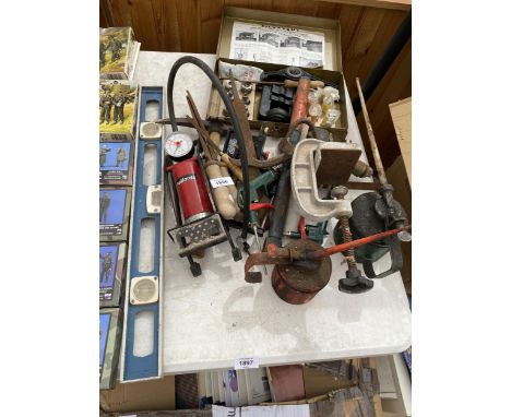 AN ASSORTMENT OF TOOLS TO INCLUDE OIL CANS, A FOOT PUMP AND FILES ETC 