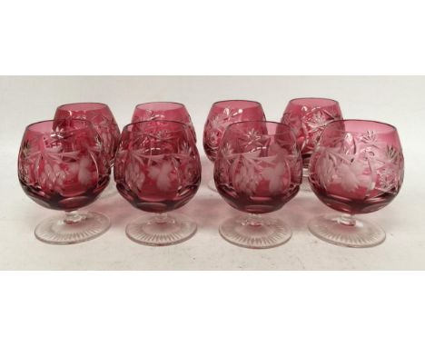 A SET OF VINTAGE NACHTMANN CUT GLASS CRYSTAL CRANBERRY BRANDY / COGNAC GLASSES WITH ETCHED DESIGN 