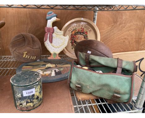 AN ASSORTMENT OF VINTAGE ITEMS TO INCLUDE CROWN GREEN BOWLS, A TRAY AND A VINTAGE STRING BALL HOLDER ETC 