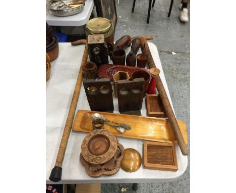 A GROUP OF TREEN AND WOODEN WARES, WALKING STICK ETC 