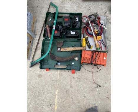 AN ASSORTMENT OF TOOLS TO INCLUDE A BOSCH BATTERY DRILL, JUMP LEADS AND AN AXE ETC 