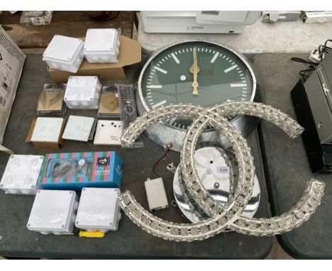 A LIGHT FITTING, A WALL CLOCK AND AN ASSORTMENT OF ELECTRIC JUNCTION BOXES ETC 