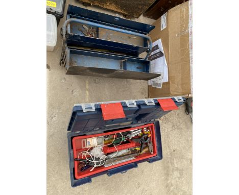 TWO PLASTIC TOOL BOXES CONTAINING AN ASSORTMENT OF TOOLS AND HARDWARE 