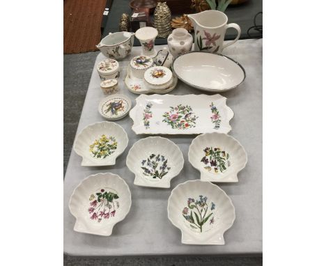 FIVE PORTMEIRION 'THE BOTANIC GARDEN' SHELL DISHES, COALPORT AND WEDGWOOD TRINKET BOXES, PIN DISHES, PLATES, JUGS, VASES, ETC