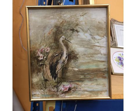 A HAND PAINTED TILE OF A STORK SIGNED 'DEAN' - FRAMED  27CM X 31CM 