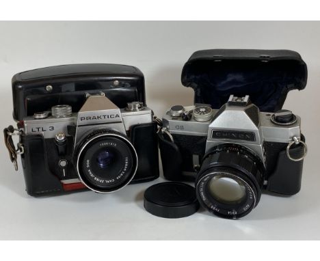 TWO VINTAGE CASED CAMERAS - PRAKTICA LTL 3 FITTED WITH CARL ZEISS JENA TESSAR 2.8/50MM LENS AND A CHINON CS FITTED WITH 55MM 