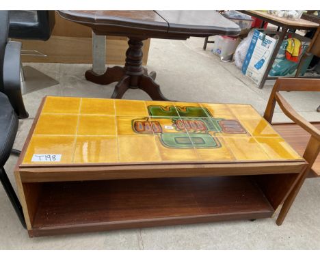 A RETRO TEAK TWO TIER COFFEE TABLE WITH VIVID YELLOW AND PATTERNED TILE TOP, 44X20" 
