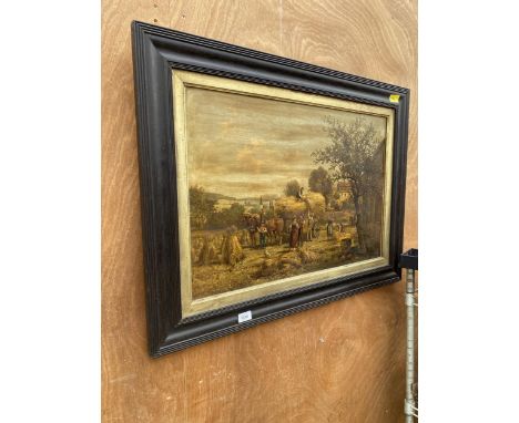 A VINTAGE PRINT ON BOARD OF A FARMING SCENE 
