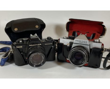 TWO VINTAGE CASED PRAKTICA CAMERAS - PRAKTICA BMS ELECTRONIC FITTED WITH CARL ZEISS JENA DDR 50MM, PRAKTICA SUPER TL2 FITTED 