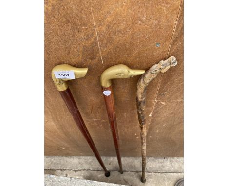 THREE VINTAGE WALKING STICKS TO INCLUDE TWO WITH BRASS DUCK HEAD HANDLES 
