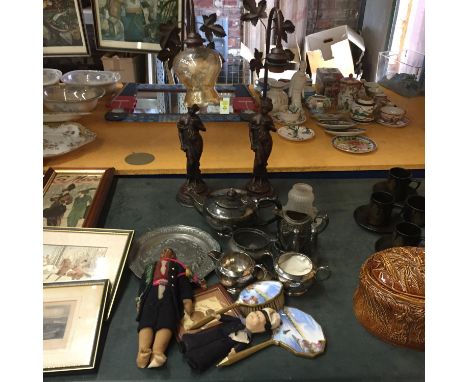 A PAIR OF ART NOUVEAU STYLE FEMALE TABLE LAMPS, EPNS WARES, ENAMELLED SEASCAPE SCENE, MIRROR BRUSH SET, WINDSOR CASTLE SAILOR