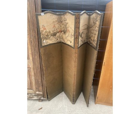 A FOUR DIVISION SCREEN DECORATED WITH HUNTING SCENES 