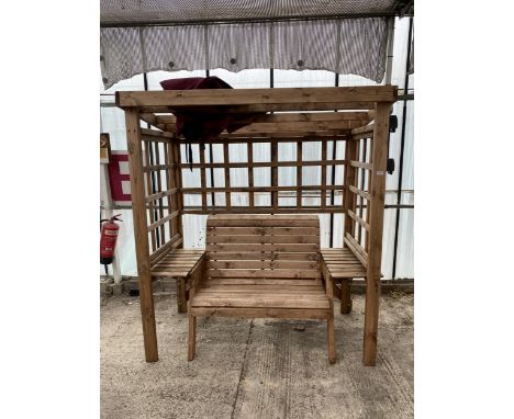 AN AS NEW EX DISPLAY CHARLES TAYLOR GARDEN ARBOUR WITH TWO SEAT BECH, CANOPY TOP AND ARM REST TABLES  *PLEASE NOTE VAT TO BE 