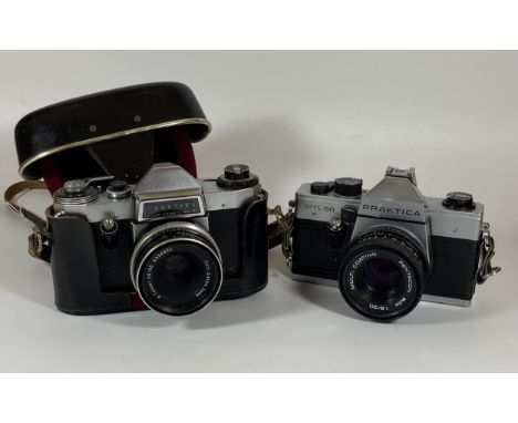 TWO VINTAGE PRAKTICA CAMERAS - CASED PRAKTICA NOVA B FITTED WITH CARL ZEISS JENA TESSAR 50MM LENS AND A PRAKTICA MTL 50 FITTE