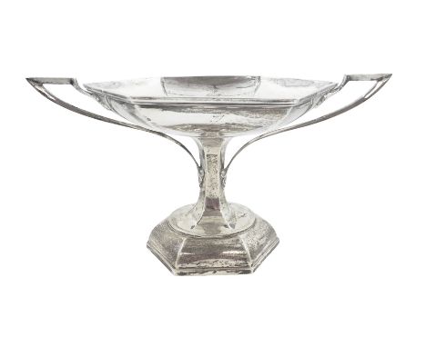 Early 20th century twin handled pedestal dish, of hexagonal form, with Art Nouveau inspired foliate mounted handles, upon a d