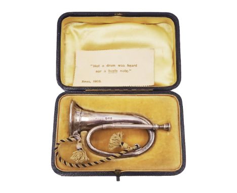Edwardian silver novelty miniature bugle, engraved with personal message to the horn, hallmarked Cornelius Desormeaux Saunder