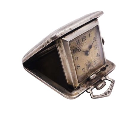 Continental silver travelling clock, of square form contained within engine turned case with engraved cartouche and sprung hi