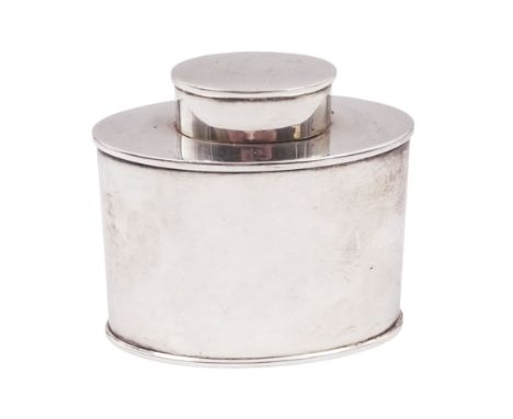 1920s silver tea caddy, of plain oval form, with removable cover, hallmarked Deakin & Francis, Birmingham 1922, H7.8cmConditi