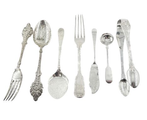 William IV and later silver flatware, including fork and spoon set embossed with floral decoration, hallmarked John, Edward, 