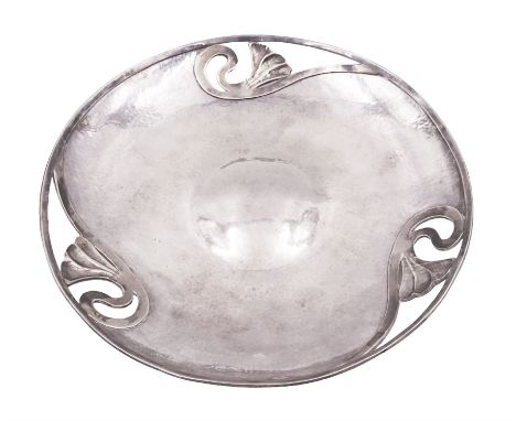 Art Nouveau style modern silver dish, of circular form with domed centre and three pierced sections each decorated with a sty