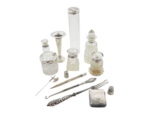 Group of silver, comprising silver handled button hook and fork, vesta case, with engine turned decoration and engraved carto