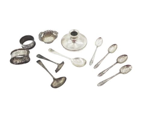 Group of silver, including silver mounted candlestick, set of four teaspoons, open salt, napkin rings, etc all hallmarked Con