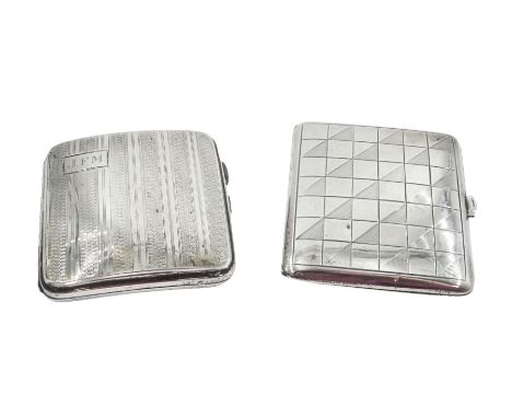 Two Art Deco silver cigarette cases, to include a rectangular example, decorated with geometric engine turned decoration, wit