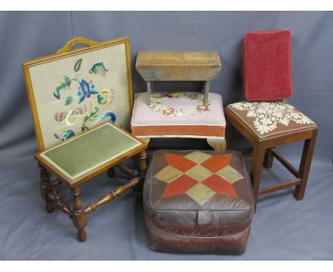 VINTAGE FOOTSTOOLS, pouffe and an embroidered panel firescreen, various measurements