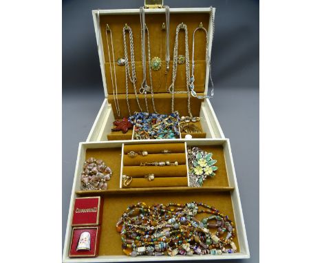 VINTAGE JEWELLERY CASE &amp; CONTENTS including two small nine carat gold rings, approximately ten sterling silver necklaces,