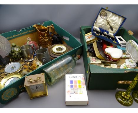 MIXED COLLECTABLES in two boxes to include perfumery, boxed handkerchiefs, mixed dressing table items, vintage circular wall 