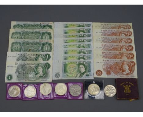 PARCEL OF COMMEMORATIVE CROWNS, a Festival of Britain crown and a parcel of English bank notes - three old one pound notes (K