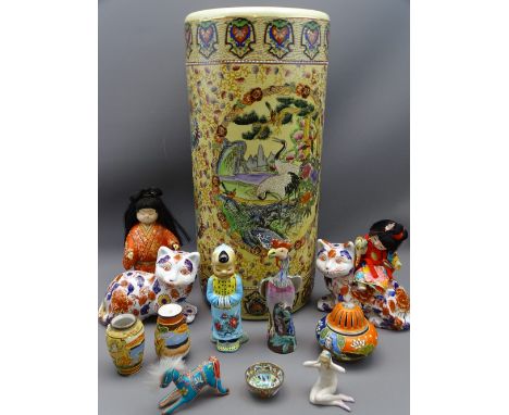 PORCELAIN ART DECO STYLE NUDE SEATED LADY, Imari style cats, a pair, and other Oriental type ware including a modern pottery 