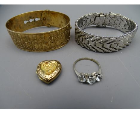 CIRCA 1920s NINE CARAT GOLD BACK &amp; FRONT FIDELITY BANGLE, three stone ring stamped gold and other jewellery