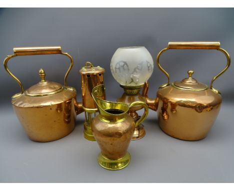 VINTAGE &amp; LATER COPPERWARE to include two copper kettles, one having acorn lid knop, a brass and copper miner's lamp ETC