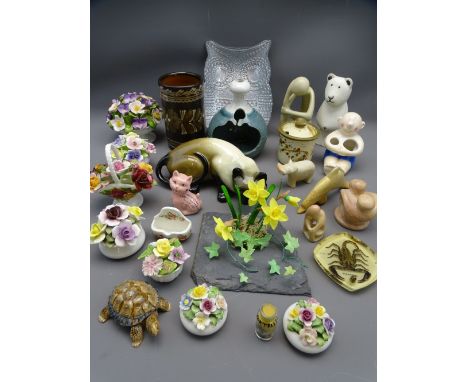 CARVED SOAPSTONE ANIMALS &amp; FIGURINES, Aynsley, Coalport and other ceramic floral decorations ETC