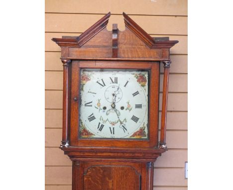 CIRCA 1840 OAK LONGCASE CLOCK, 13ins square painted dial before a twin weight pendulum driven eight day movement, pendulum an