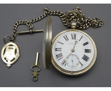 G OWEN &amp; SONS, LLANRWST OPEN FACED SILVER POCKET WATCH and Albert chain with T-bar and fob, key wind movement and white e