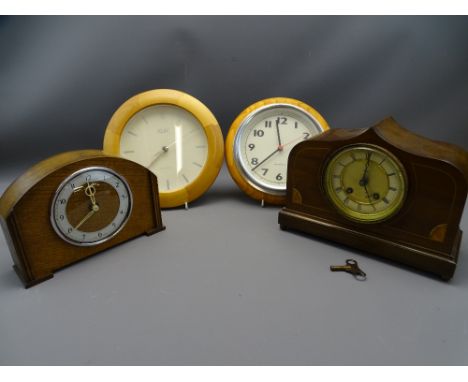 VINTAGE INLAID MAHOGANY CASED MANTEL CLOCK, an oak example and two modern pine effect wall clocks