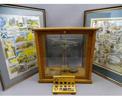 OAK CASED SET OF LABORATORY SCALES and two framed HYWEL HARRIES Welsh historical image prints