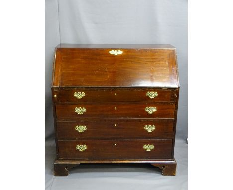 GEORGIAN MAHOGANY FALL-FRONT BUREAU, having an interior arrangement of pigeon holes and drawers with central cupboard door ov